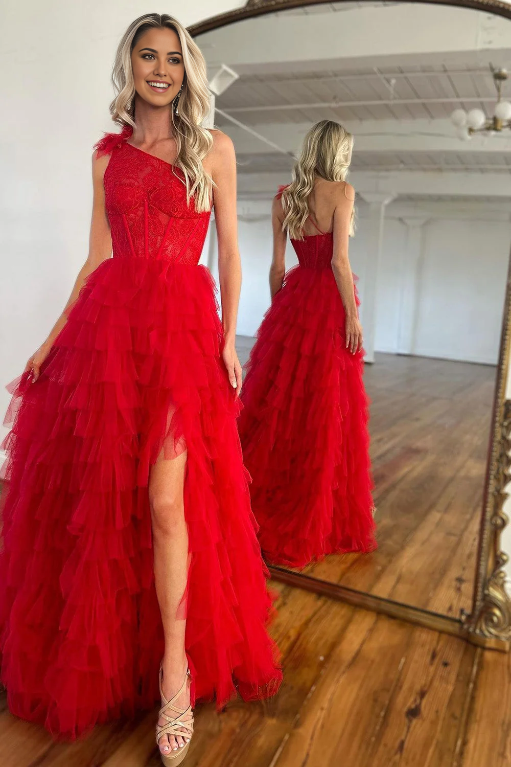 A-Line Simple One Shoulder Long Red Ruffle Prom Dress With Split